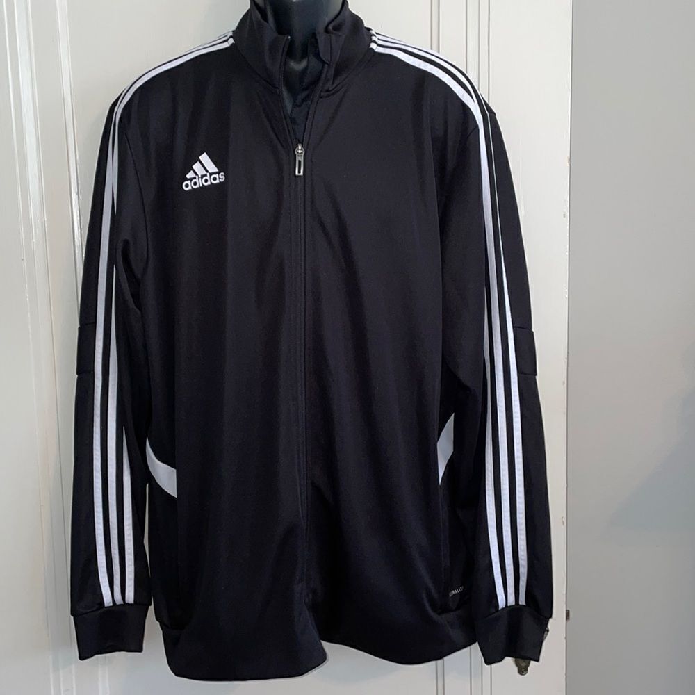 Adidas black knit polyester track jacket with the 3 white‎ stripes on sleeves